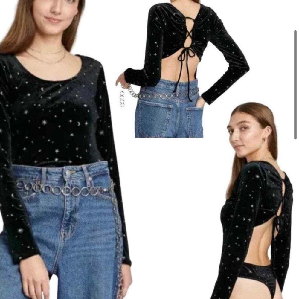 Wild Fable Black Velvet Silver Stars Moon Galaxy Cosmic Back Tie Bodysuit NWT